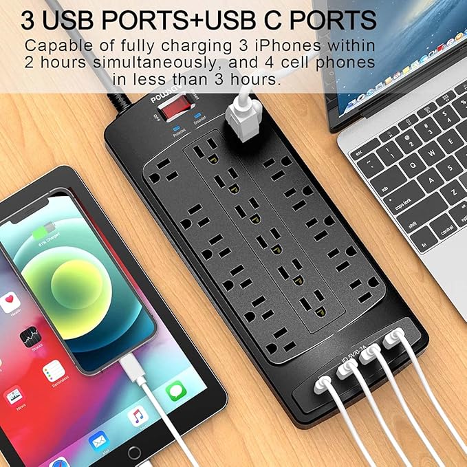 18 Outlets Surge Protector Power Strip - 15 Feet Flat Plug Heavy Duty Extension Cord with 18 Widely Outlets and 4 USB Ports, 2100 Joules, Black, ETL Listed
