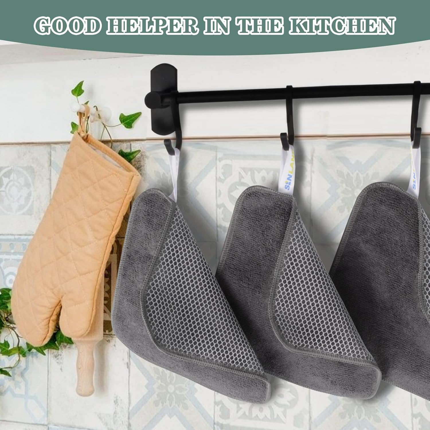 SINLAND Microfiber Dish Cloth for Washing Dishes Dish Washing Rags Best Kitchen Washcloth Cleaning Cloths Wash Cloths with Poly Scour Side 7.87Inchx7.87Inch 10 Pack Grey