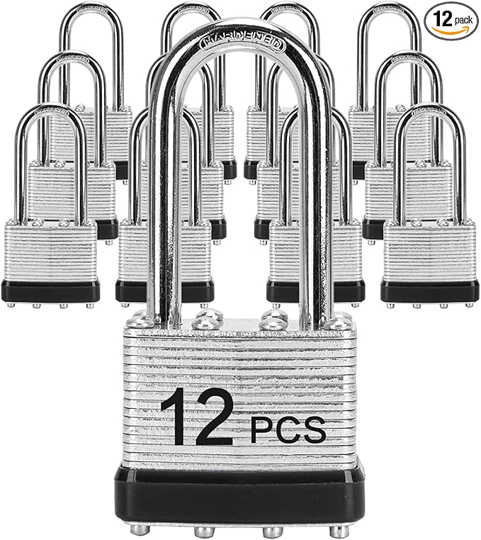 Padlocks with Same Key, LQYN 12 Pcs Laminated Keyed Padlock (1-9/16", 40mm), Keyed Alike Locks, Long Shackle, for Storage Locker, Hasp Latch, Toolbox, Sheds