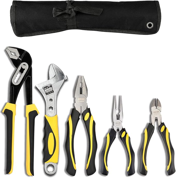 DOWELL Pliers Set: 5-Piece Kit with Groove Joint, Adjustable Wrench, Combination & Long Nose Pliers