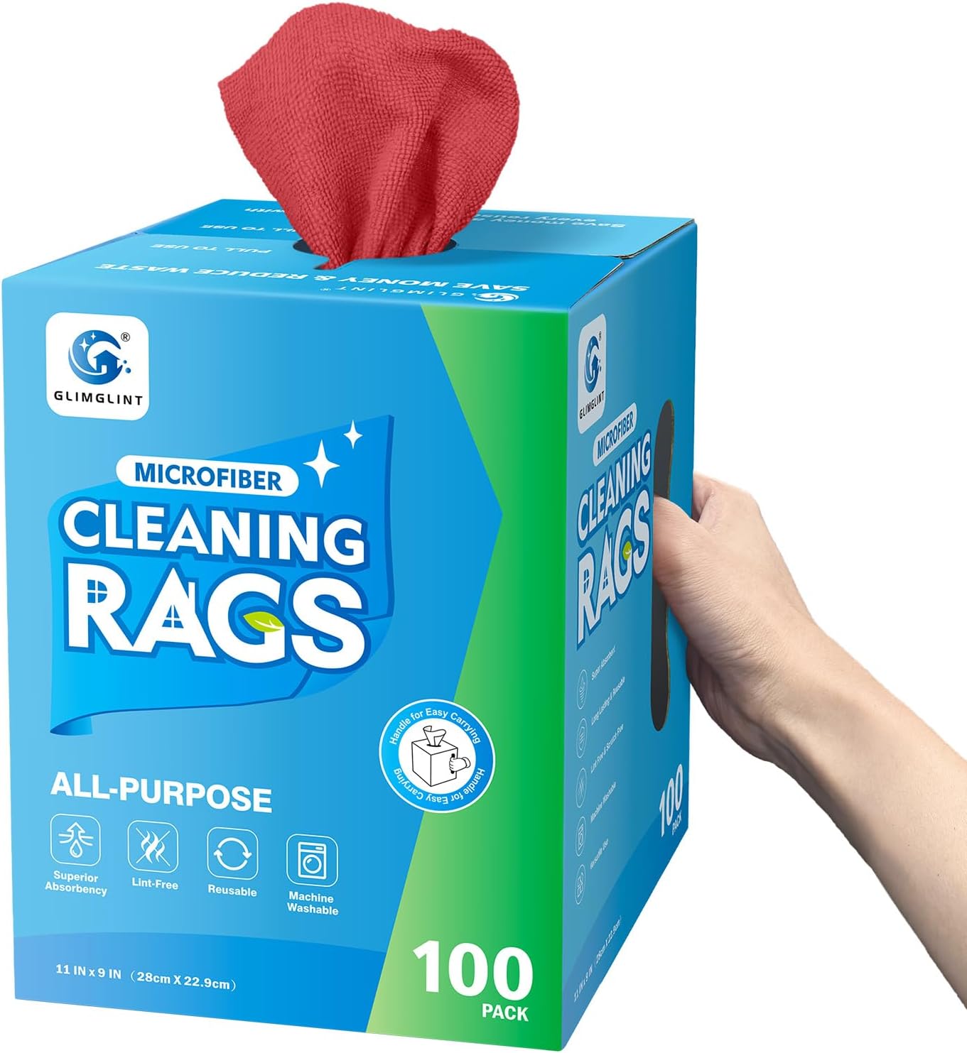 GLIMGLINT Microfiber Cleaning Cloth, 100 Pack Shop Towels, Lint-Free, Ultra Absorbent Reusable or Disposable Microfiber Cloths for Kitchen, Car, Cleaning Rags, 11" x 9", Red