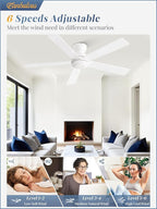 48 Inch Flush Mount Ceiling Fan without lights, White Ceiling Fan with Remote, 6-Speeds, Quiet Reversible DC Motor, Indoor/Outdoor Ceiling Fans for Living Room, Bedroom, Patio