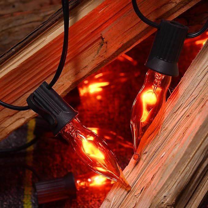Flickering Flame String Lights Orange Halloween Lights with 10 Pack C7 Orange Flickering Light Bulbs, 12.8Ft Flame String Lights for Fall Decor Halloween Decorations for Home Party Yard Porch