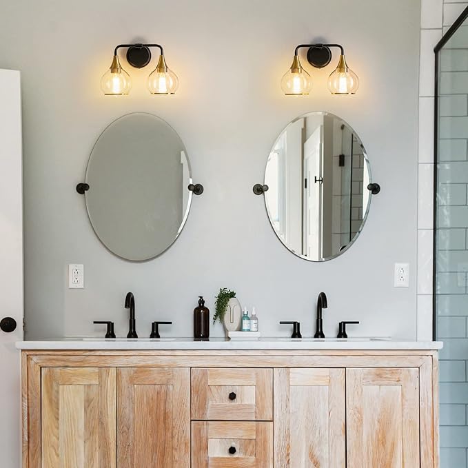 Black and Gold Bathroom Light Fixtures 2-Lights Vanity Lights with Clear Glass Shade Bathroom Vanity Light 14 Inch Wall Sconces(Exclude E26 Bulb)…