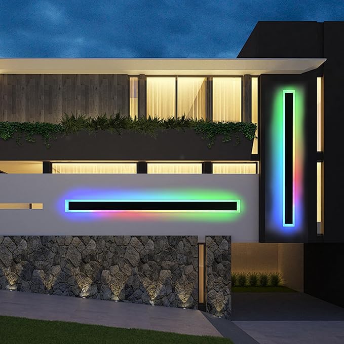 MELUCEE 2pcs 60in Long RGB Outdoor Wall Light Fixture, 5.1in Wide Dimmable Exterior Wall Lights IP65 Waterproof for Garage and Front Door, Long Outdoor Wall Sconce Black LED Outdoor Entrance Lighting