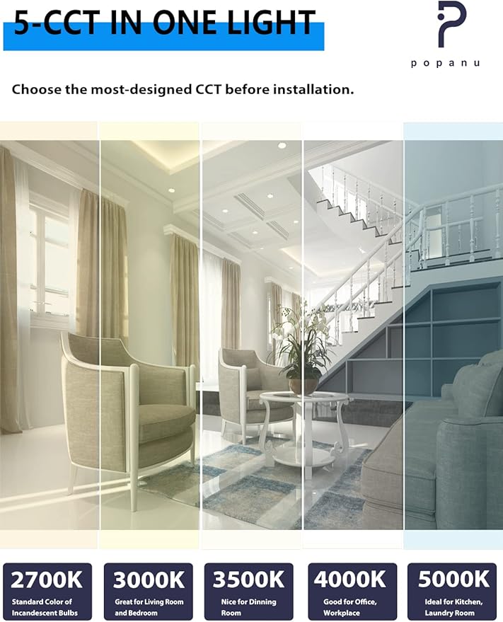 Recessed Lighting 4-inch Square-LED - Canless Recessed Light Fixture, Dimmable Ceilling Light with Junction Box, 2700|3000|3500|4000|5000K, 9W, White, 6P