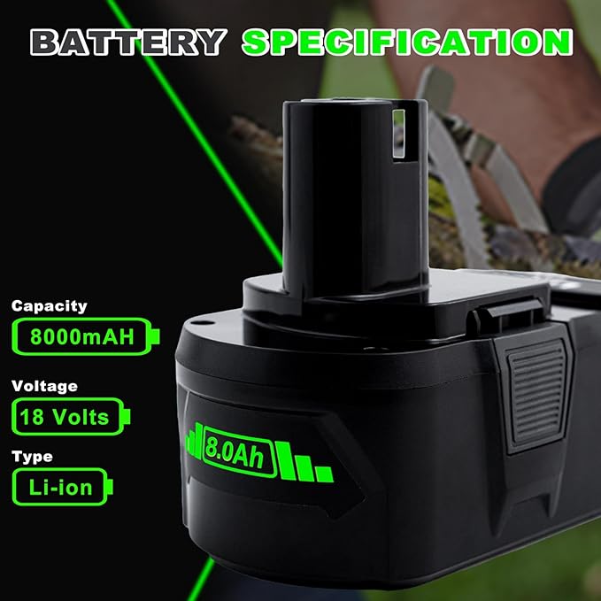 Upgrade 8000mAh High Capacity Replacement for Ryobi 18V Battery P108 P104 P105 P102 P103 P122 P109 Li-ION Compatible with Ryobi 18V ONE+ System Cordless Power Tools and Charger,2Pack