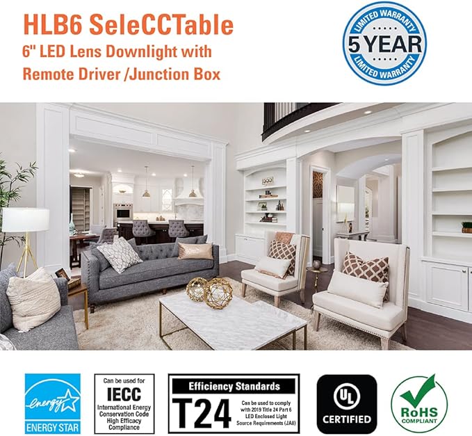 HALO HLB Recessed Lighting 6 Inch LED Thin Canless, Dimmable w/Selectable Color Temperatures, 4-Pack - HLB6099FS1EMWR-4PK