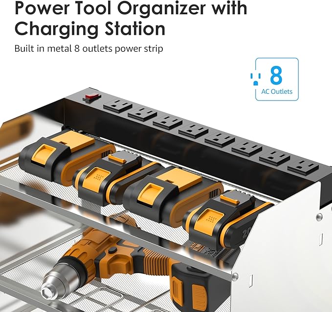 CCCEI Modular Power Tool Organizer Wall Mount with Charging Station. Garage 4 Drill Storage Shelf with Hooks, Drill Bit Heavy Duty Rack, Silver Tool Battery Holder Built in 8 Outlet Power Strip.