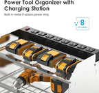 CCCEI Modular Power Tool Organizer Wall Mount with Charging Station. Garage 4 Drill Storage Shelf with Hooks, Drill Bit Heavy Duty Rack, Silver Tool Battery Holder Built in 8 Outlet Power Strip.
