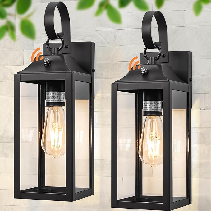 Dusk to Dawn Wall Lights 2 Pack, Black Outdoor Light Fixtures Wall Mount, 15 Inch Exterior Wall Sconces Waterproof, Large Outside Lights for House, Modern Wall Lanterns Clear Glass