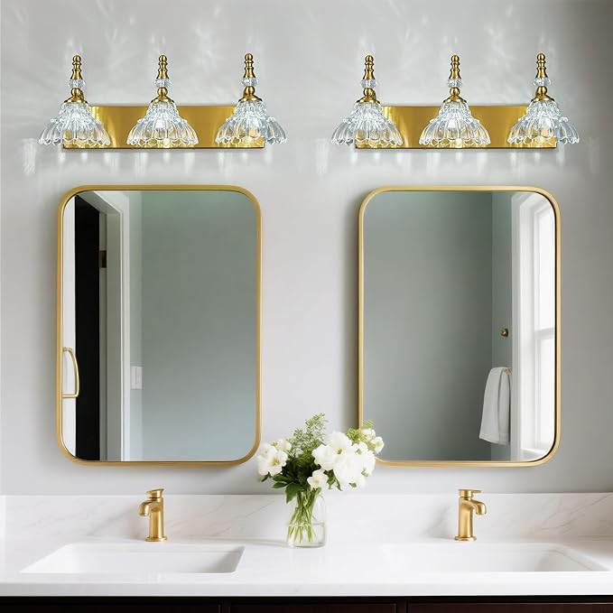 Vintage Bathroom Vanity Light, 3-Light Gold Vanity Lighting Fixture with Flower Glass Shade, Bathroom Lighting Fixtures Over Mirror