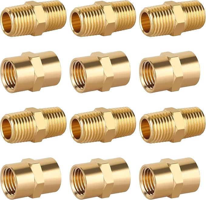KOOTANS 12pcs Brass Pipe Fitting, NPT Hex Nipple, Coupling, 1/4" x 1/4" NPT Male Pipe, 1/4" x 1/4" NPT Female Pipe Fittings Set (6 Nipple & 6 Coupling)