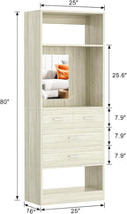 Unikito 2FT Closet System with 4 Drawers, 25 Inch Wood Closets Organizer with Storage Shelves and Mirror Design, Freestanding Sturdy Walk in Closet Tower for Bedroom, 25" W x 16" D x 80" H, White Oak