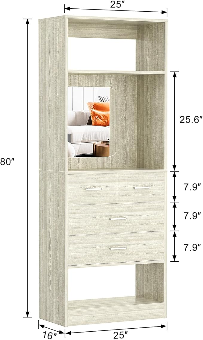 Unikito 2FT Closet System with 4 Drawers, 25 Inch Wood Closets Organizer with Storage Shelves and Mirror Design, Freestanding Sturdy Walk in Closet Tower for Bedroom, 25" W x 16" D x 80" H, White Oak