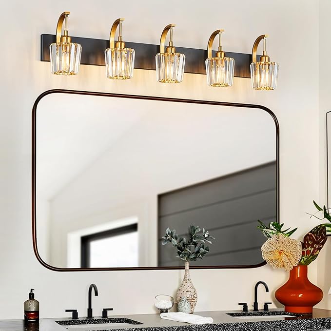 Modern Bathroom Vanity Light, 5-Light Black Gold Wall Sconce with Crystal Accents, Over Mirror Bathroom Lighting Fixture, 42.52" Long Dimmable Vanity Lamp for Makeup, Easy Installation