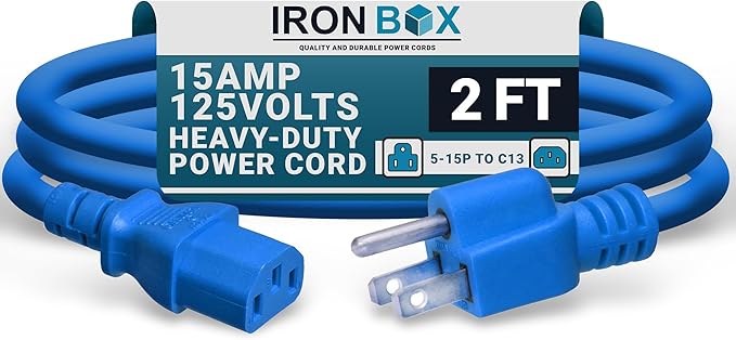 IronBox Electric - Heavy-Duty 5-15P to C13 Power Cord - 3 Prong 15A 125V 14/3 SJT PC Cable - Cord for Computer, Monitor, Subwoofer, Amplifier - Cable for Power Supply - (Blue 2 Foot)