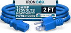 IronBox Electric - Heavy-Duty 5-15P to C13 Power Cord - 3 Prong 15A 125V 14/3 SJT PC Cable - Cord for Computer, Monitor, Subwoofer, Amplifier - Cable for Power Supply - (Blue 2 Foot)