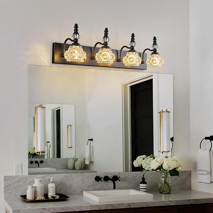 Modern Crystal Bathroom Vanity Light Black Vintage Bathroom Light Fixtures 4-Lights Glass Crystal Vanity Lights
