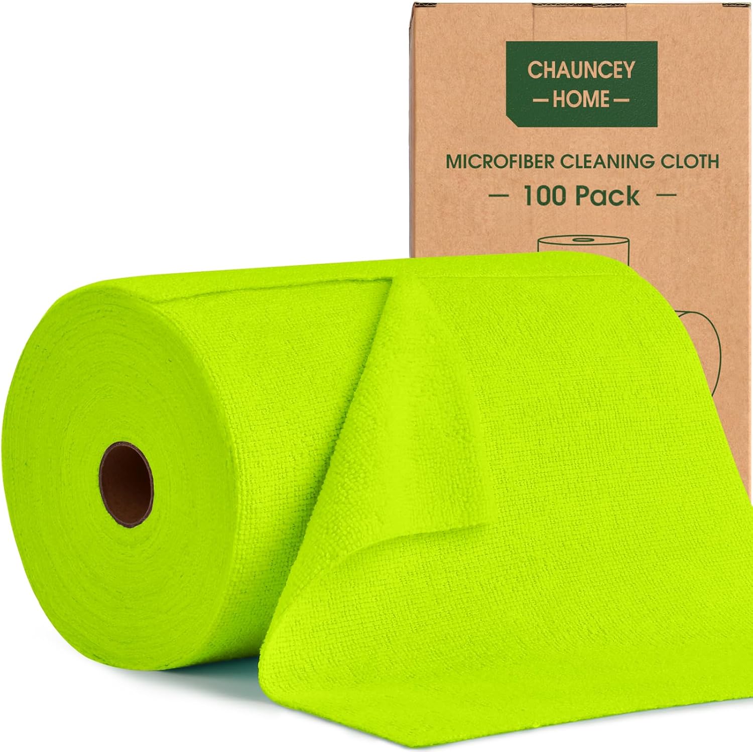 Roll of Microfiber Cleaning Cloth –100 Pack, Tear Away Microfiber Towels, Reusable, Washable, Scratch-Free, Cleaning Supplies,Kitchen Towels for Car, Home, Kitchen, Dishes(Neon Green)