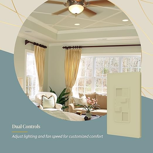 TOPGREENER Kalide Combo Dimmer Switch with 3-Speed Fan Control, Light and Fan Combination Switch, Single Pole, 2.5A, 200W LED/CFL, Neutral Wire Not Required, TGDSFS3-I, Ivory