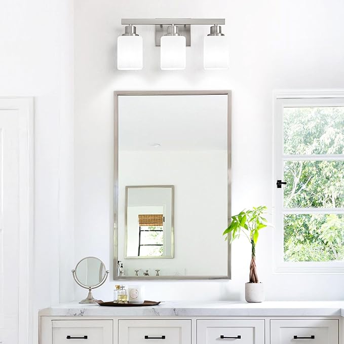 3-Light Bathroom Vanity Light,Brushed Nickel Vanity Lights with Square Frosted Glass,Modern Bathroom Wall Lights Fixtures Over Mirror,Wall Sconces Lighting for Bedroom Living Room,E26