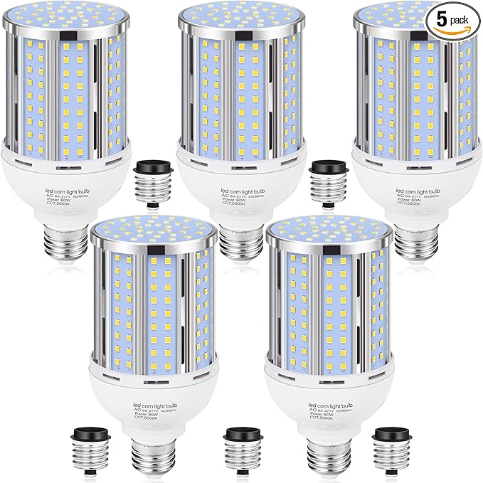 80W LED Corn Light Bulb(5 Pack),(800 Watt Equivalent) Fanless E26/E39 Medium/Large Mogul Base LED Cob Lamp 5000K Daylight 11,600LM for Outdoor Indoor Garage Warehouse Factory Workshop Street Backyard