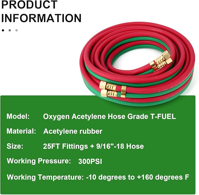 TAISHER 1/4" x 25FT Oxygen Acetylene Twin Hose With 9/16"-18 B fittings Welding Cutting Torch，Grade T