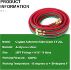 TAISHER 1/4" x 25FT Oxygen Acetylene Twin Hose With 9/16"-18 B fittings Welding Cutting Torch，Grade T