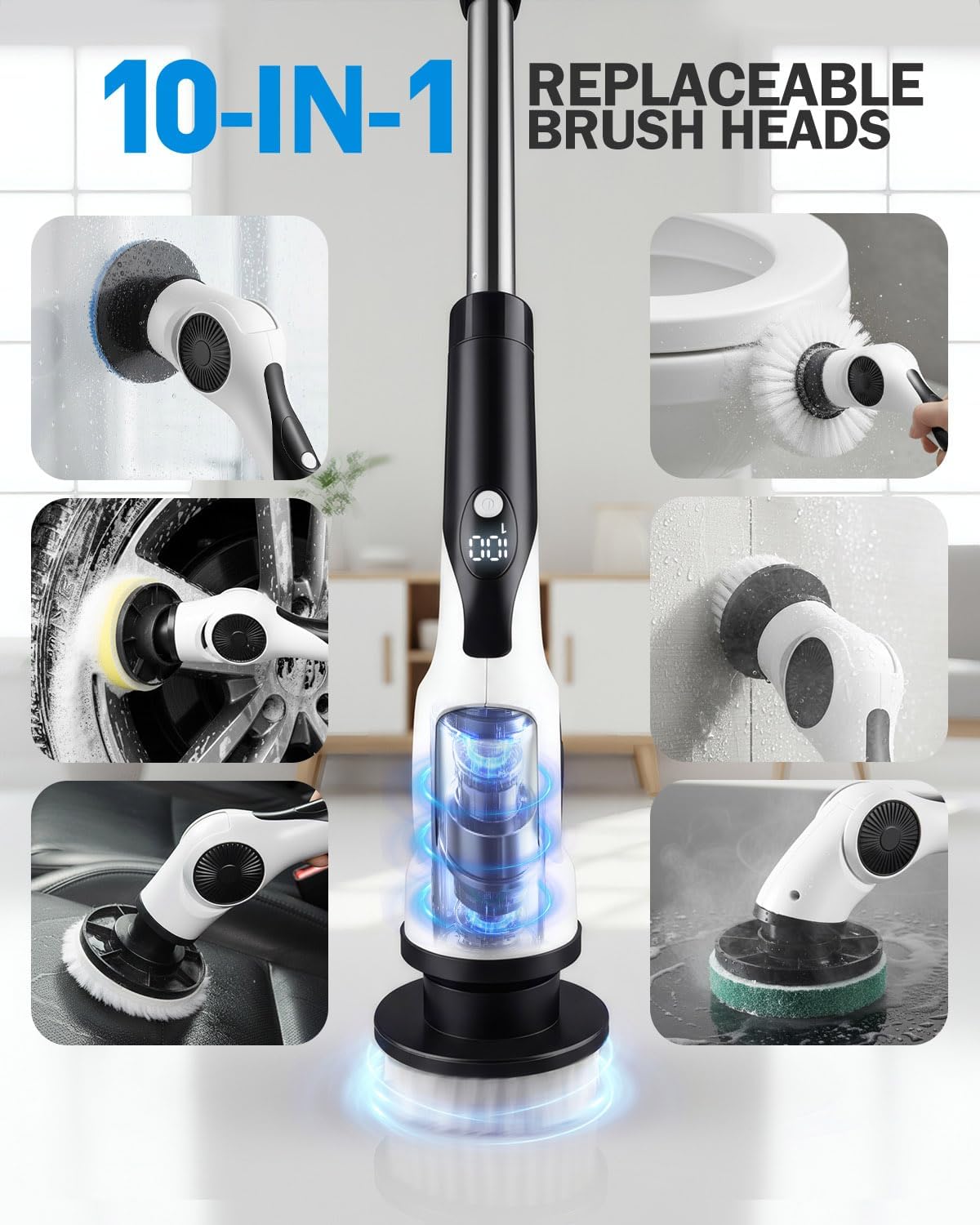 Electric Spin Scrubber with 10 Replaceable Brush Heads, IPX7 Waterproof Shower Scrubber with Long Handle, 3-Speed Adjustable Cleaning Supplies with Rotating Cleaning Brush