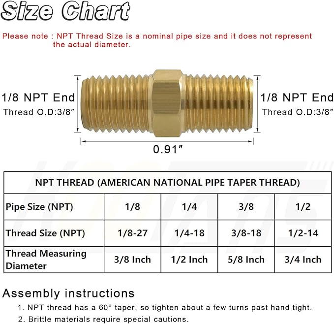 KOOTANS 1/8 NPT x 1/8 NPT Male Solid Brass Hex Nipples, Heavy Brass Pipe Adapter Fittings Equal Nipples Connectors 4Pieces