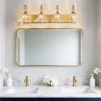 Vintage Bathroom Vanity Light, 4-Light Brass Vanity Lighting Fixture with Flower Glass Shade, Bathroom Lighting Fixtures Over Mirror