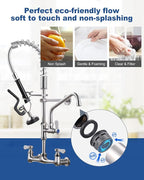 [New Upgrade] Brushed Nickel Commercial Kitchen Faucet with Pre-Rinse Sprayer 8 Inch Center Wall Mount Kitchen Sink Faucet with 9.6" Add-on Swing Spout 25" Height Faucet with Pull Down Spray