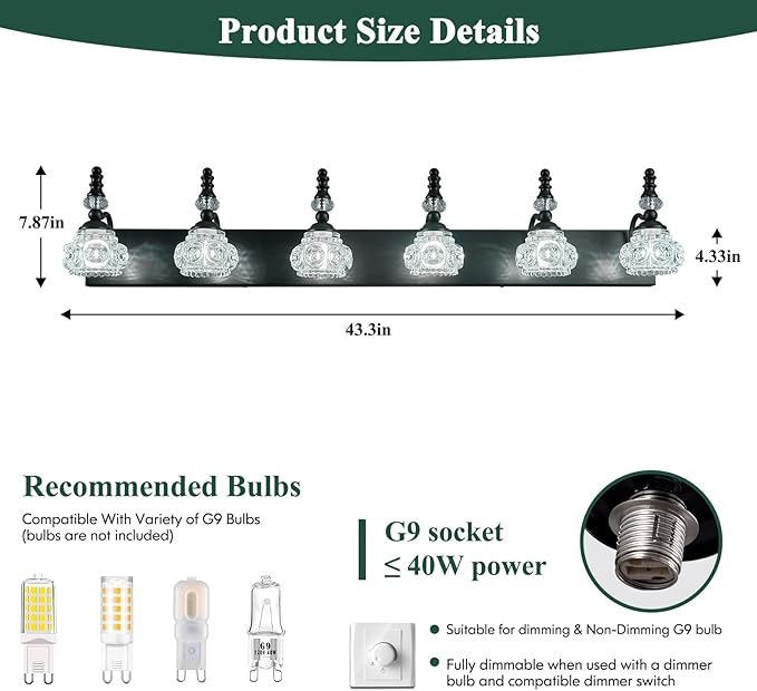 Modern Crystal Bathroom Vanity Light Black Vintage Bathroom Light Fixtures 6-Lights Glass Crystal Vanity Lights