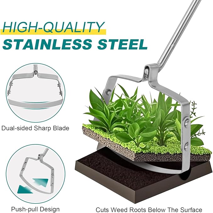 Berry&Bird Mini Hula Hoe for Weeding 17.3''Stirrup Hoe Stainless Steel Weed Puller Tool Gardening Action Scuffle Loop Hoes Garden Tools with Wooden Hand Weeder Cultivator Cutting Roots Loosening Soil