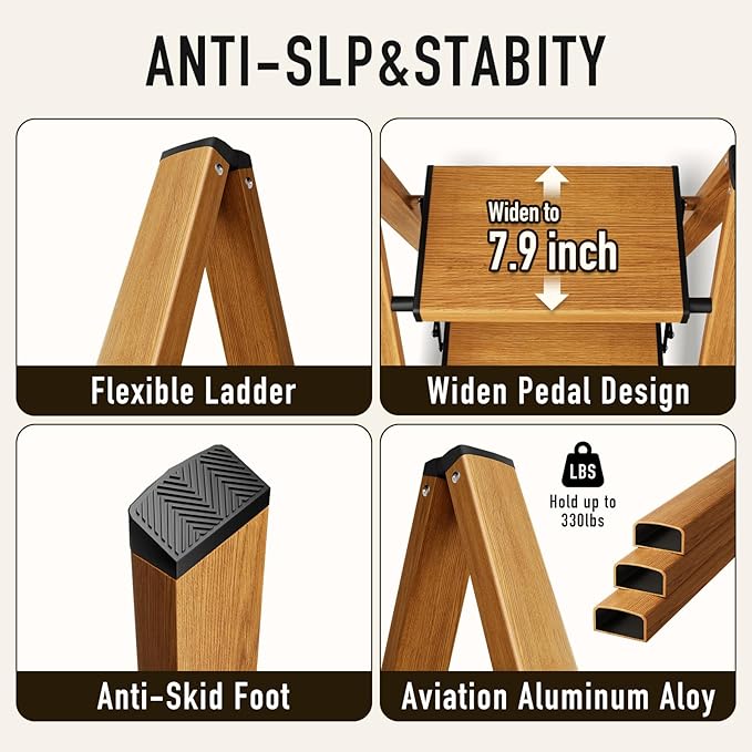 2 Step Ladder,Aluminum Folding Step Stool for Adults,Step Ladder with Wide Anti-Slip Pedal,330 lbs Capacity for Home,Office,Kitchen,Library(Woodgrain)