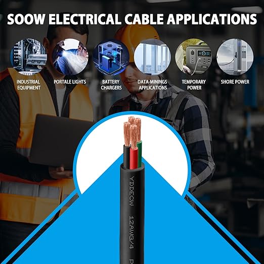 50ft 12/4 12 AWG Portable Power Cable (4 Conductor) - SOOW 600V 12 Gauge Electric Wire for Motor Leads, Portable Lights, Battery Chargers and Machinery - 4 Conductor - 50 Feet Electrical Cord