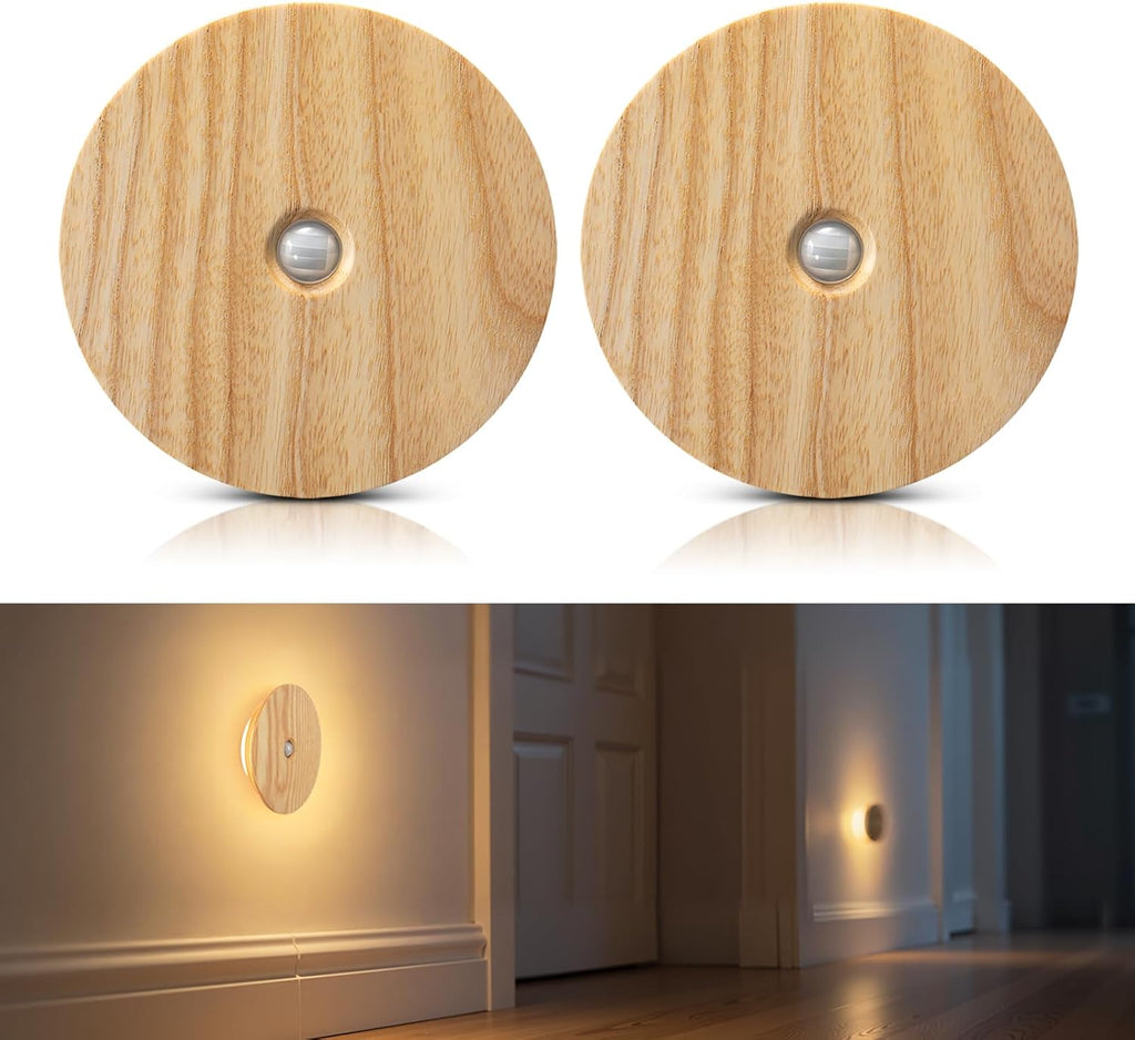 Motion Sensor Night Light Wood Rechargeable Battery-Powered Stick-On Step Lights Loftie Lights Magnetic Closet Warm Nightlight for Hallway Bedroom Stair (2 Pack Ash Wood)