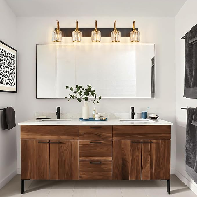 5-Light Crystal Vanity Light, Modern Black Gold Bathroom Wall Sconce with K9 Crystal Shades, 42.51" Long Over Mirror Lighting for Vanity, Makeup, Hallway, Elegant & Easy Installation