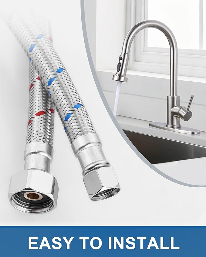 ALEASHA 24'' Long Faucet Connector, Stainless Steel Braided cUPC Faucet Supply Lines G1/2" FIP x 3/8" Compression Sink Hose Attachment Toilet Water Hose Replacement Parts 2 PCS