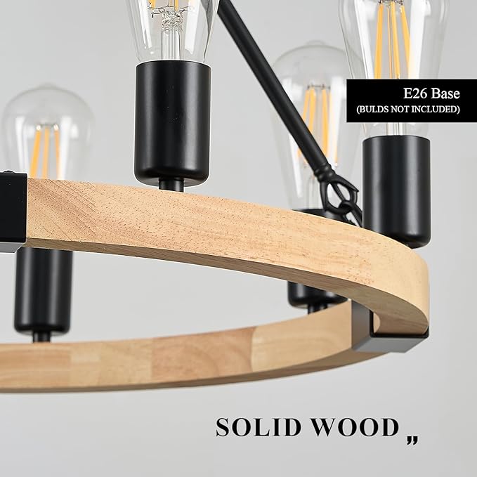 8 Lights Wooden Wagon Wheel Chandelier Natural Farmhouse 23.6'' Black Metal Light Fixtures Rustic Wood Round Chandelier for Living Dining Room Kitchen Entryway Foyer