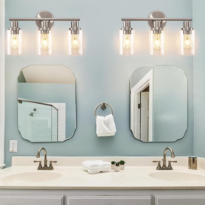 DLLT 3-Light Bathroom Light Fixtures: Nickel Modern Vanity Lights with E26 Bulbs - Clear Glass Shade Bathroom Wall Lamp for Mirror Kitchen Living Room - 2 Packs