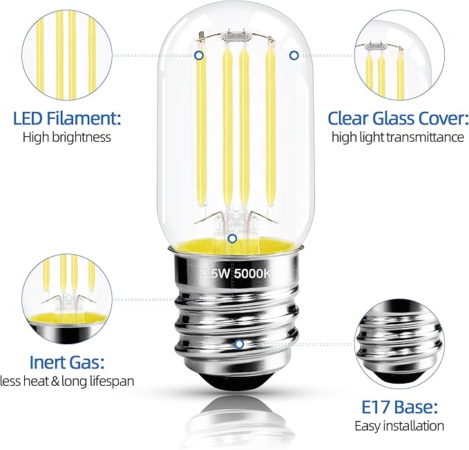 2.5 Inch E17 Intermediate Base LED Filament Bulb 360 Lumens, 5000K Daylight White Dimmable Appliance Bulb AC 120V, UL Listed T8 Microwave Light Bulbs Under Hood for Refrigerator Stove 6Pack