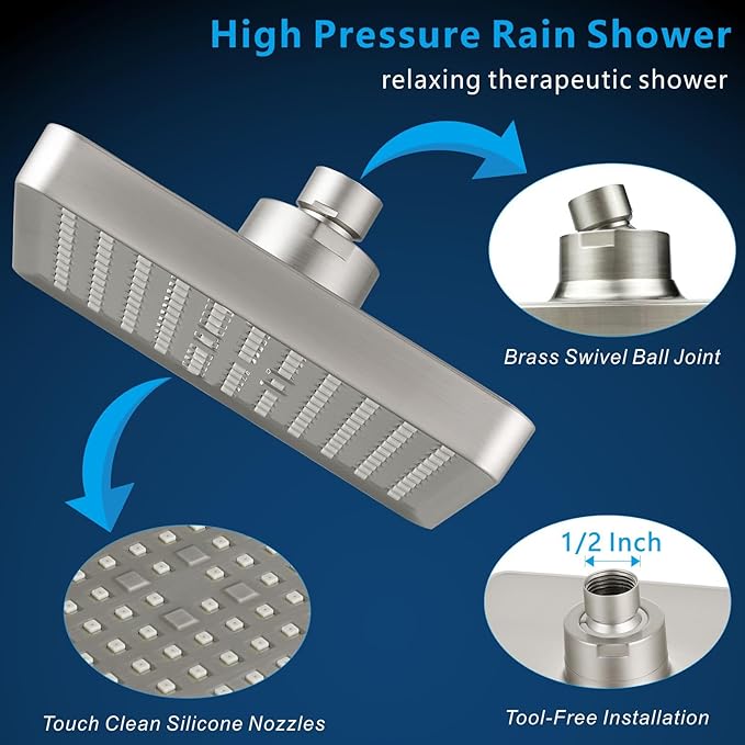 Voolan High Pressure Rain Shower Head - Luxury Modern Look - The Adjustable Replacement For Your Bathroom Showerhead - 6" Square High Flow Pressure Boosting Showers (Brushed Nickel)