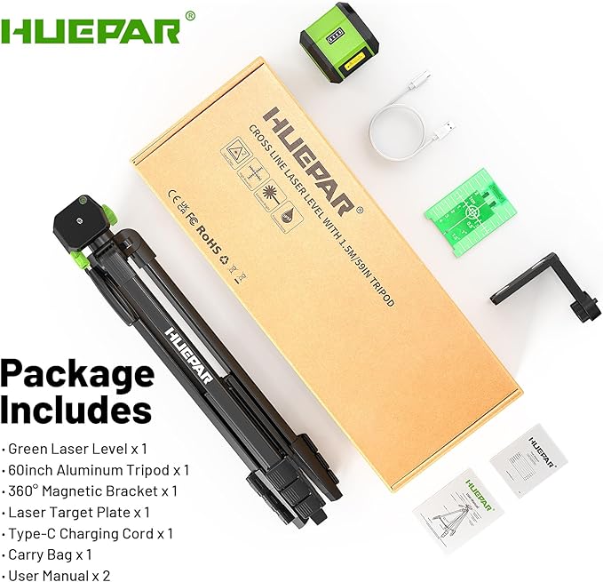 Laser Level with 60 Inch Tripod, Huepar 100Ft Self Leveling Laser Level Rechargeable Green Cross Line Lazer Leveler Tool for Picture Hanging, Tile, Home Renovation, 360° Magnetic Bracket &Target Plate