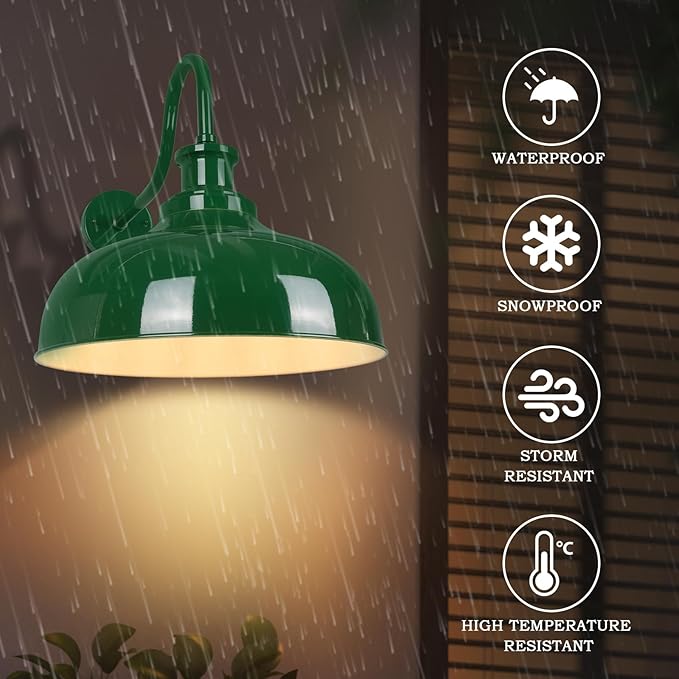 Outdoor Gooseneck Barn Light, 14 Inch Dome Rustic Outdoor Wall Sconce, Farmhouse Exterior Wall Mount Lighting Fixture, Industrial Green Wall Lantern for Porch, Entryway, Garage, RZ007M GR+WH