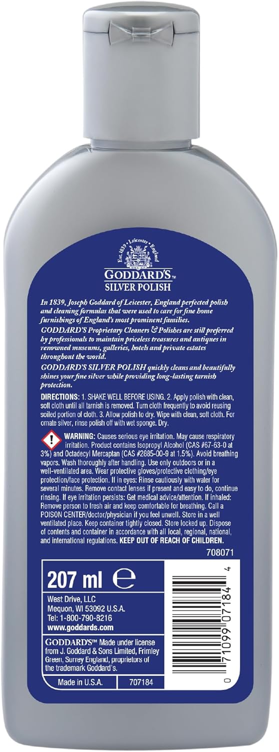 Goddard's Silver Polish for Sterling and Silver Plate, Liquid Cleaner and Polish for Jewelry, Silverware, and Antiques - All-in-One Tarnish Remover Solution, 7 oz