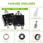 30A Manual Reset Push Button Circuit Breaker 125/250V AC 50V DC Thermal Overload Protector with Quick Connect Terminals and Waterproof Button Caps Assortment Kit(Pack of 2 pcs)