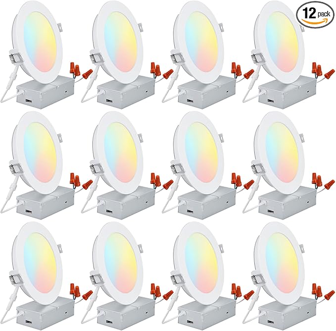 TORCHSTAR 12-Pack 6 Inch 5CCT LED Recessed Lighting, CRI 90, 2700K3000K3500K4000K5000K Selectable, Dimmable 1000lm Brightness Slim LED Downlight, ETL Listed