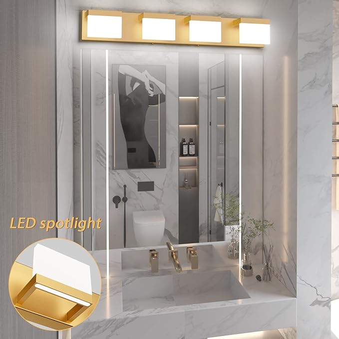Tipace Gold Vanity Lights for Bathroom Modern LED 4 Lights Bathroom Vanity Lights Up and Down Wall Light Fixtures 6000K